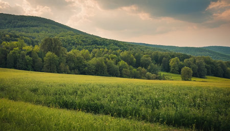Beautiful summer landscape with green meadow and forest on hillsideの素材