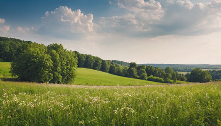 Beautiful summer landscape with meadow and forest in the background.の素材