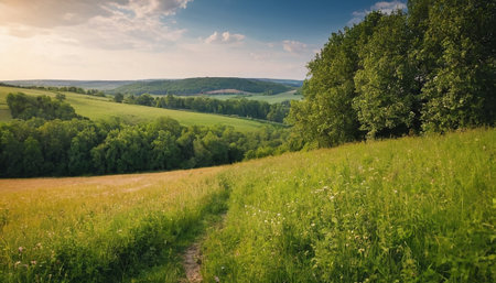 Beautiful summer landscape with meadow and forest on the horizon.の素材