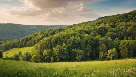 Beautiful summer landscape with green meadow and forest at sunset.の素材