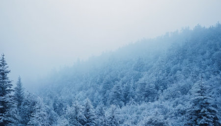 Foggy winter landscape with coniferous forest in the mountainsの素材