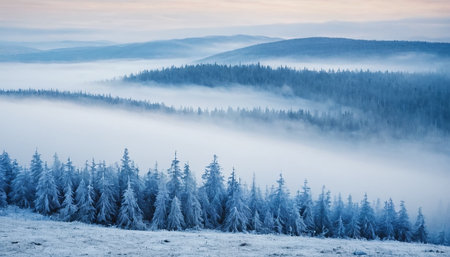 Foggy morning in the Carpathian mountains, Ukraine.の素材