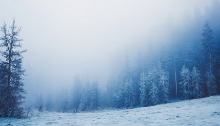 Foggy winter landscape in the Carpathian Mountains, Ukraineの素材