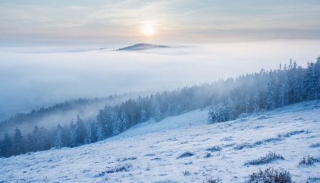 Foggy winter morning in the Carpathian mountains, Ukraineの素材