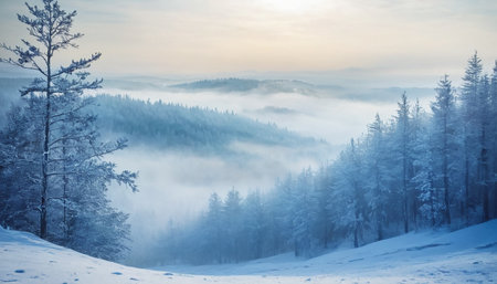 Foggy winter landscape with fir trees and mountains in the backgroundの素材