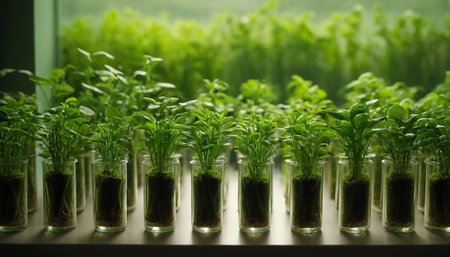 Green seedlings in test tubes on the shelf in the laboratory.の素材