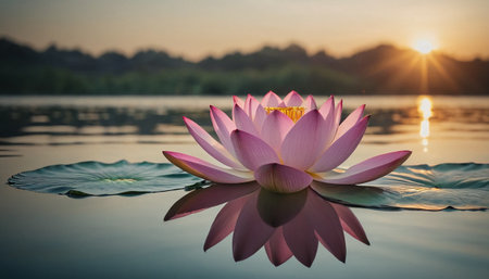 Beautiful pink lotus flower blooming on the lake with sunsetの素材