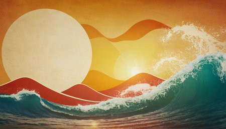 Sea wave and sunset. Vintage style. 3D Rendering.の素材