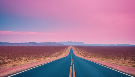 Road in the desert with pink sky and clouds - retro vintage filterの素材