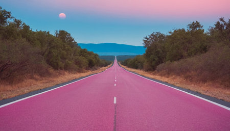 Pink asphalt road in the mountains at sunset. Toned image.の素材