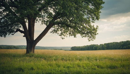 Beautiful summer landscape with big tree and green meadow, retro tonedの素材