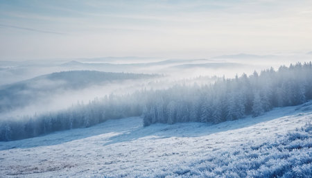 Foggy winter morning in the Carpathian mountains (Ukraine).の素材