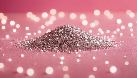 Shiny glitter on a pink background with bokeh lights.の素材