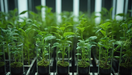 Green seedlings growing in test tubes. Biotechnology and biotechnology conceptの素材