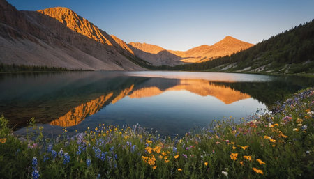 Sunrise on the lake in the mountains of Kyrgyzstanの素材