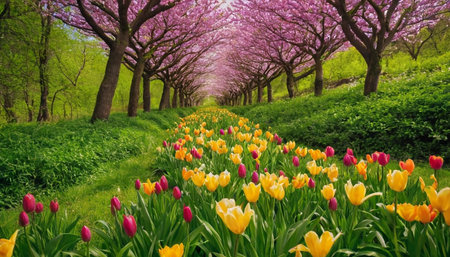 Spring landscape with blooming tulip garden and cherry blossom treesの素材