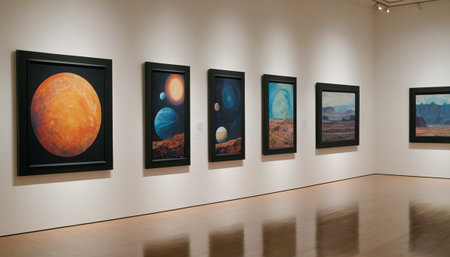 3D render of an art gallery interior with paintings and artwork.の素材