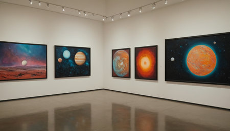 3d render of modern art gallery interior with planets on the wallの素材