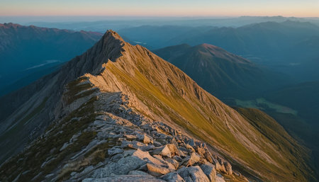 Panoramic view of the summit of the mountain in the eveningの素材