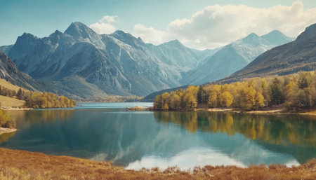 Autumn landscape with mountains, lake and forest in Altai, Russiaの素材