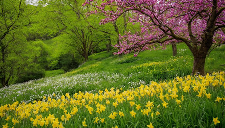 Spring landscape with blooming daffodils and cherry blossomの素材