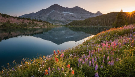 Mountain lake with colorful flowers at sunset in summer, Canada.の素材