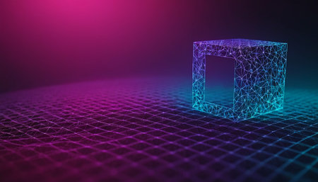 3d rendering of abstract cube in space with colorful lights on backgroundの素材