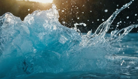 splashes of water on a background of blue sky and sun.の素材