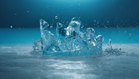 Ice cube with water splashes on blue background. Close-up.の素材
