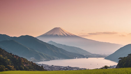 Mt Fuji and Kawaguchiko lake at sunset, Japanの素材