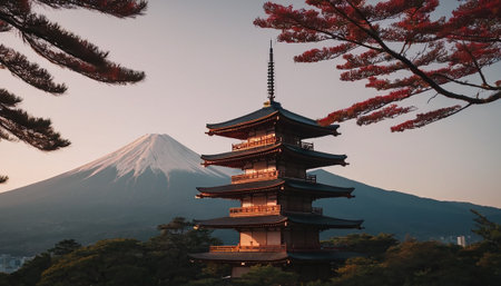 Mt Fuji and Chureito Pagoda at sunset, Japanの素材