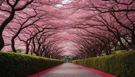 Cherry blossoms and walkway in Himeji, Japanの素材