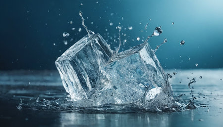 Ice cube with water splash on blue background. 3d rendering.の素材