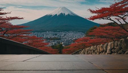 Mt. Fuji with red maple leaves in autumn, Japan.の素材