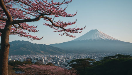 Mt Fuji and cherry blossoms at Kawaguchiko lake, Japanの素材