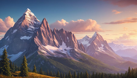 Mountain landscape at sunset. Snow-capped peaks and coniferous forestの素材