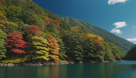Autumn landscape of japanese lake with colorful trees and blue skyの素材