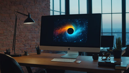 Desktop computer with planets and stars on screen. 3d rendering.の素材