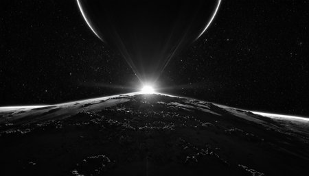 View from space on an alien planet during a sunrise 3D renderingの素材