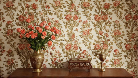 Vintage table with flowers on vintage wallpaper background. Retro style.の素材