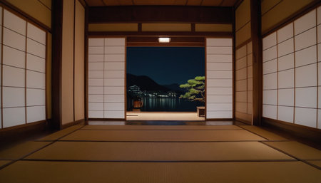 Japanese style room at night, Kyoto, Japan (3D rendering)の素材