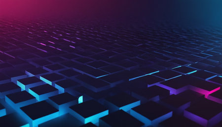 Abstract background with blue and pink neon squares. 3d render illustrationの素材