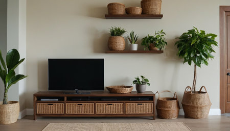 Modern living room interior with tv set and plants in wicker basketsの素材