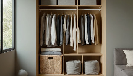 Closet with clothes hanging on rail in modern living room interiorの素材