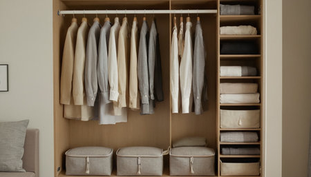 Closet with different clothes and accessories in modern room, closeupの素材