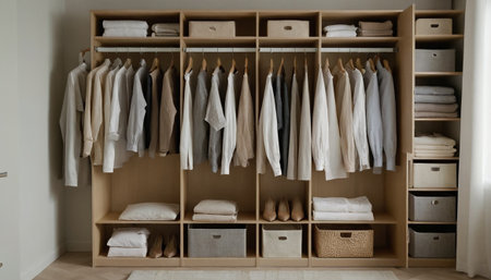 Closet with clothes and accessories in a modern dressing room.の素材