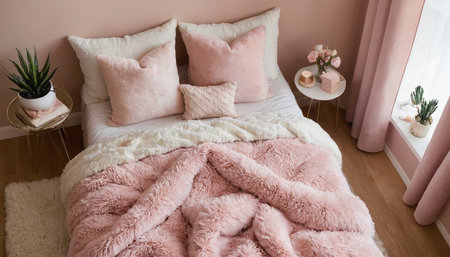 pink pillows on the bed in the bedroom, interior designの素材
