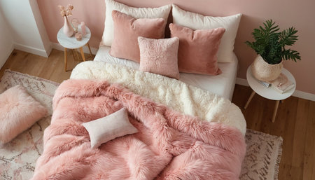 pink and white pillows on bed in bedroom, interior designの素材