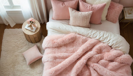 pink pillows on bed in bedroom, interior design decoration conceptの素材