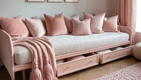 pink pillows on sofa in living room, interior design conceptの素材